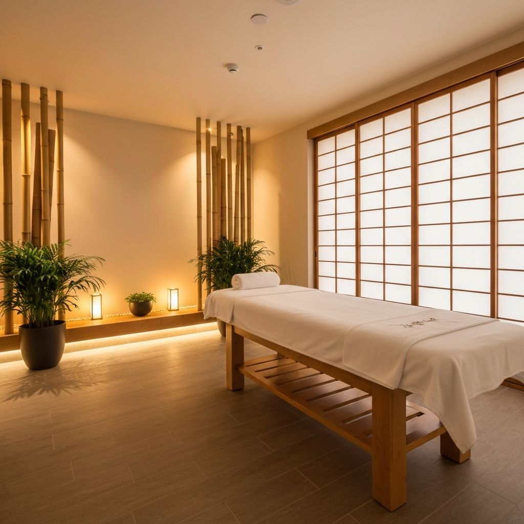 Tranquil Japanese-inspired spa treatment room with warm lighting and natural elements
