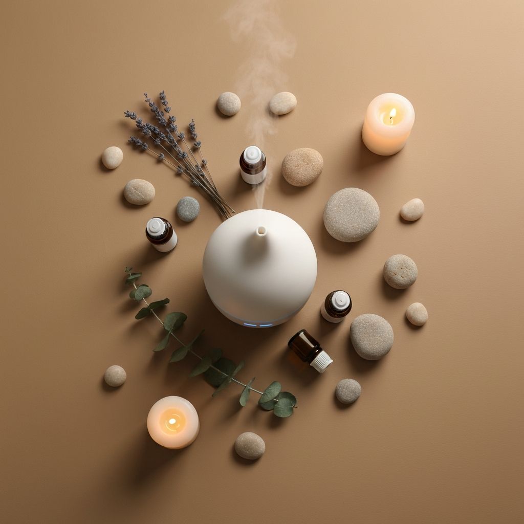 Aromatherapy essential oils, lavender, and natural wellness products arranged on a wooden surface