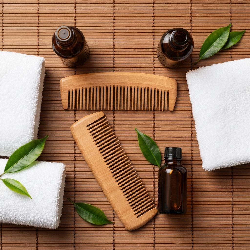 Japanese head spa treatment tools including wooden comb, natural oils, and bamboo accessories