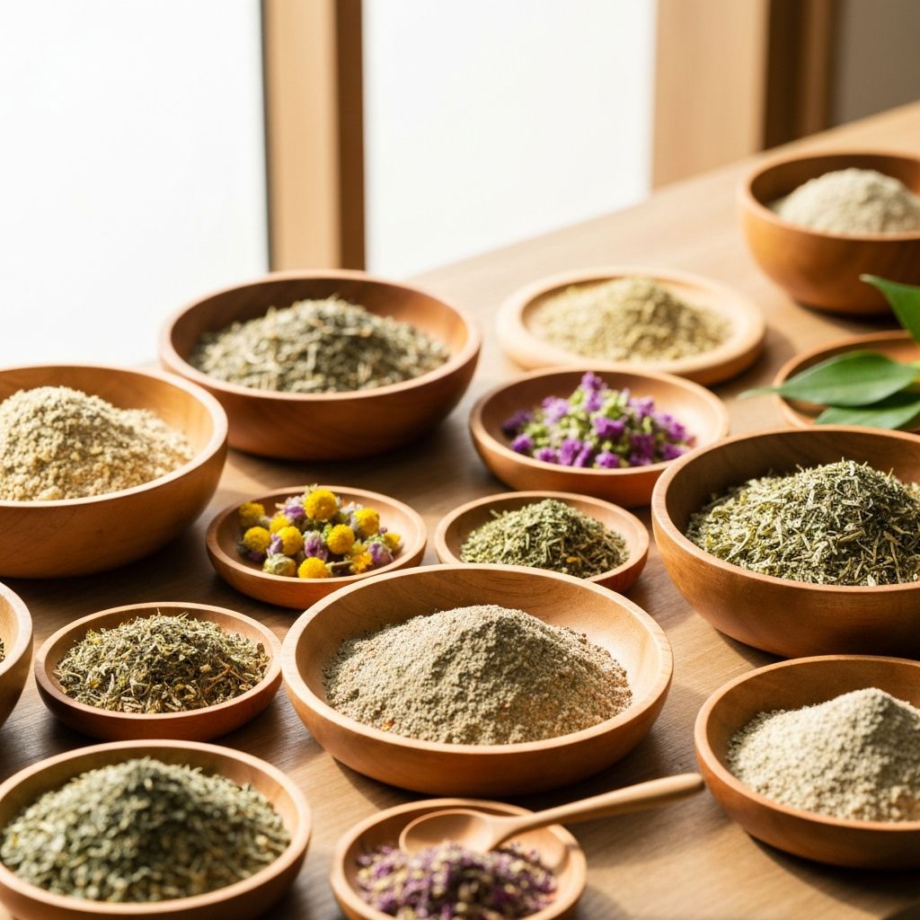 Holistic hair care botanicals and natural ingredients in wooden bowls with green leaves